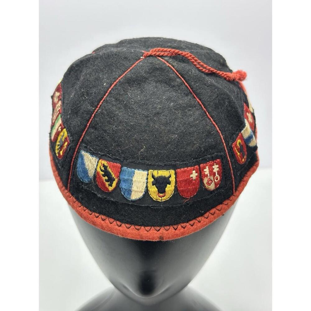Vintage Swiss Alpine Beanie Hat Souvenir Crests Folk Embroidered Handmade‎